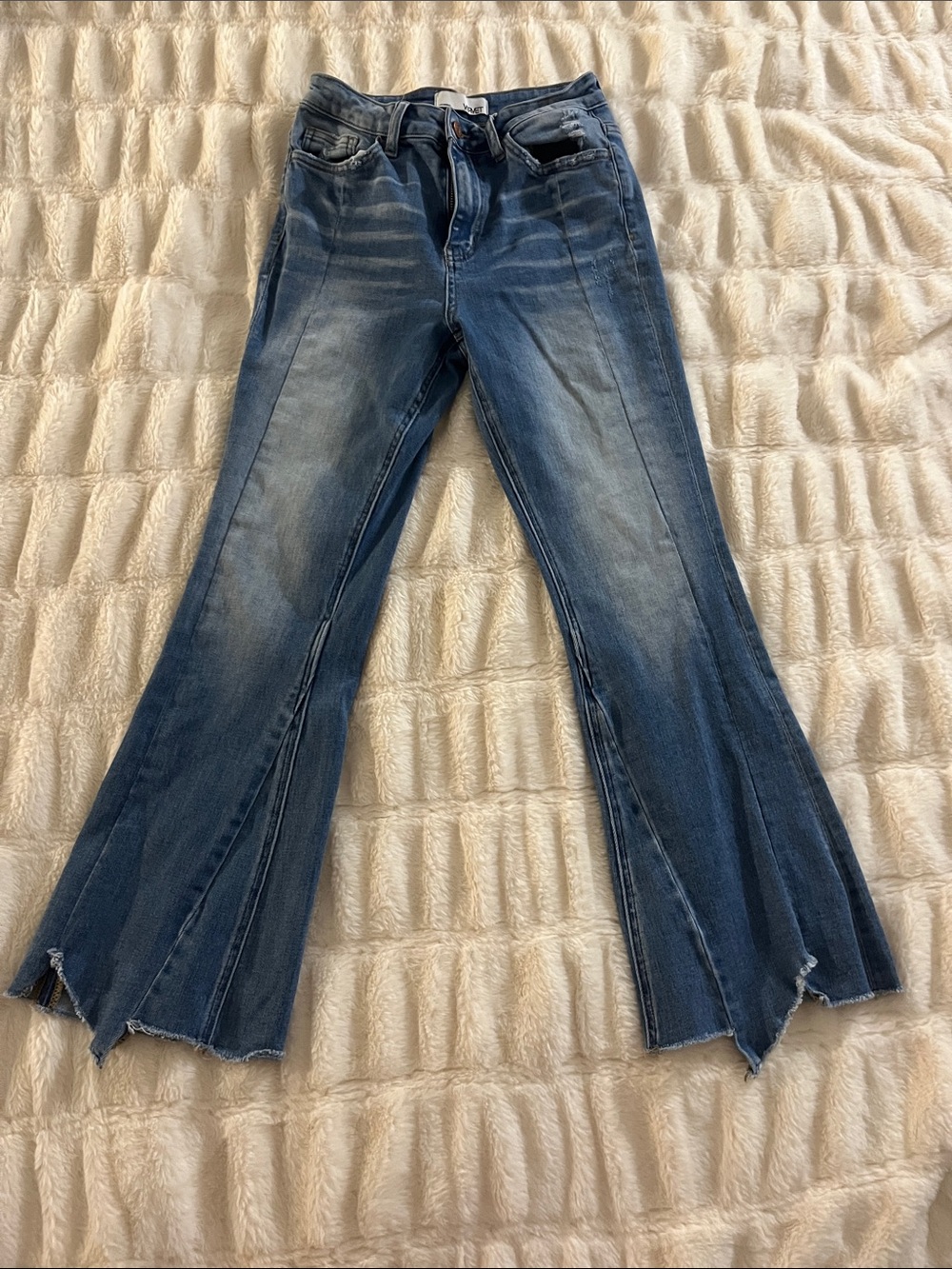 Mid-Rise Blue Flare Jeans with Raw Hem